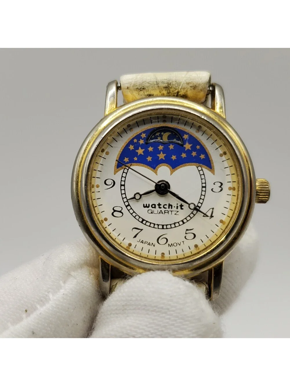 Vintage Watch-it Nelsonic Moon Phase Womens Watch Gold Tone 24mm New Battery